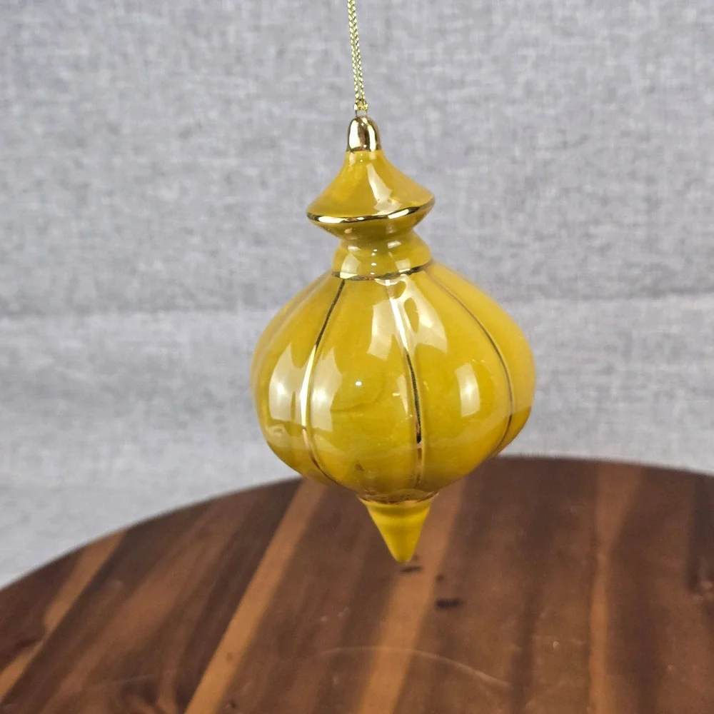 Mustard Yellow Ceramic‎ Finial Christmas Ornament Gold Ribbed Onion Glossy Retro